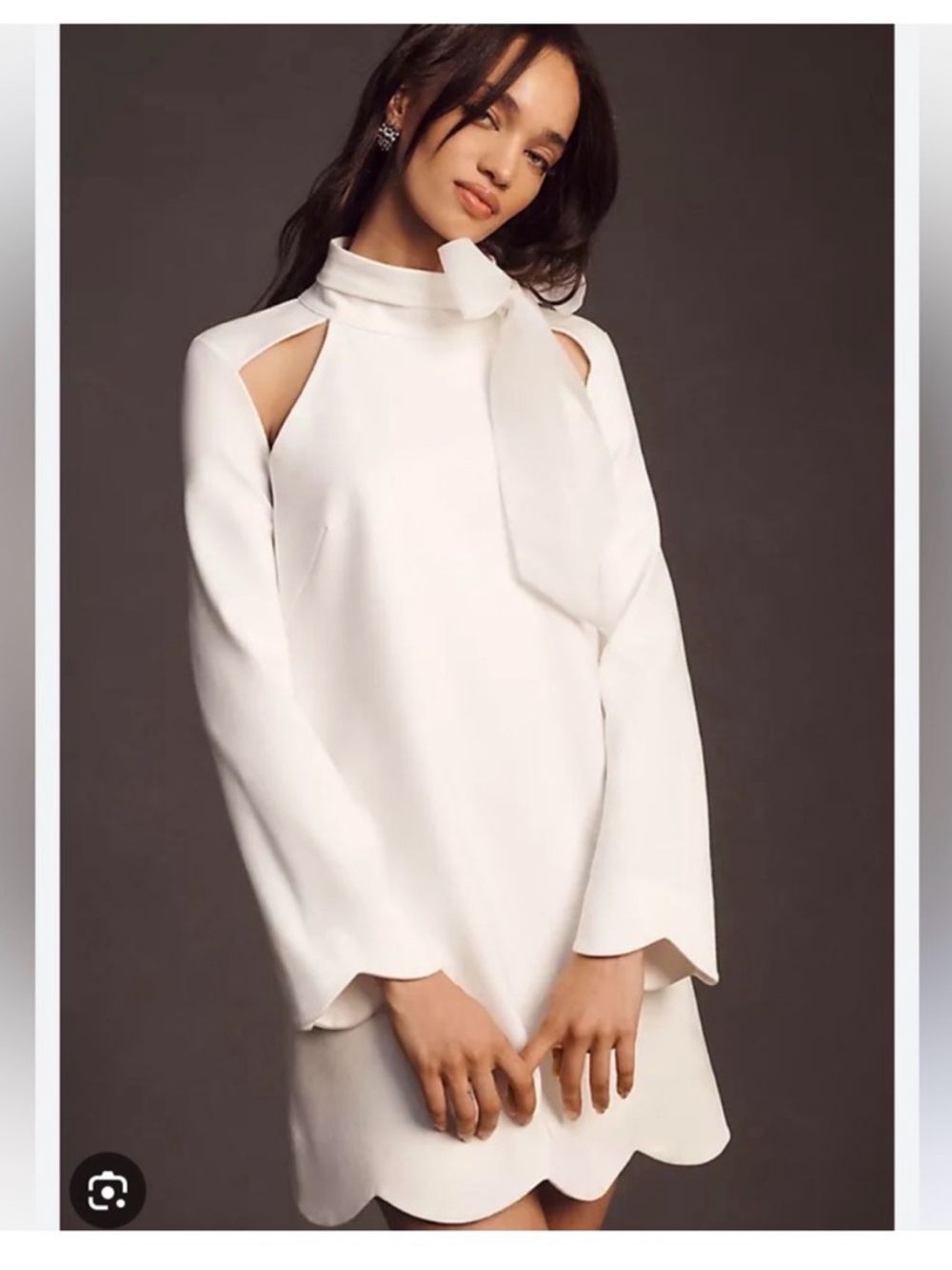 Anthropologie White Scalloped-Hem Cutout Tie-Neck Long Sleeve Dress